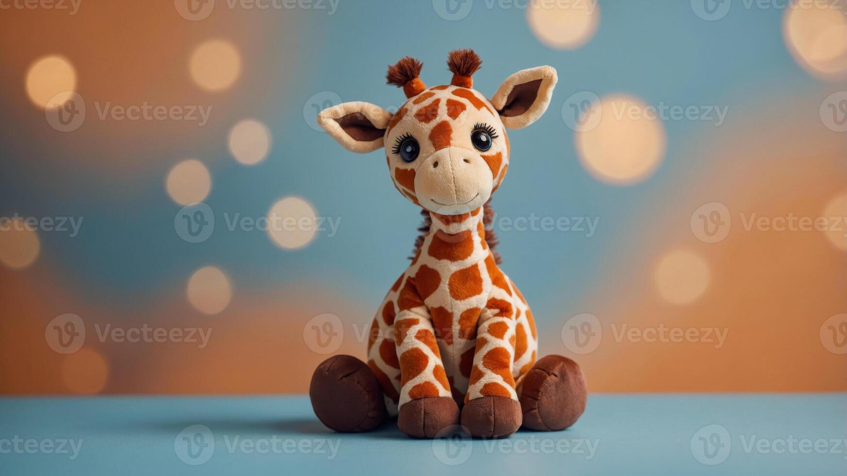 A plush giraffe toy on a light orange and blue background. photo