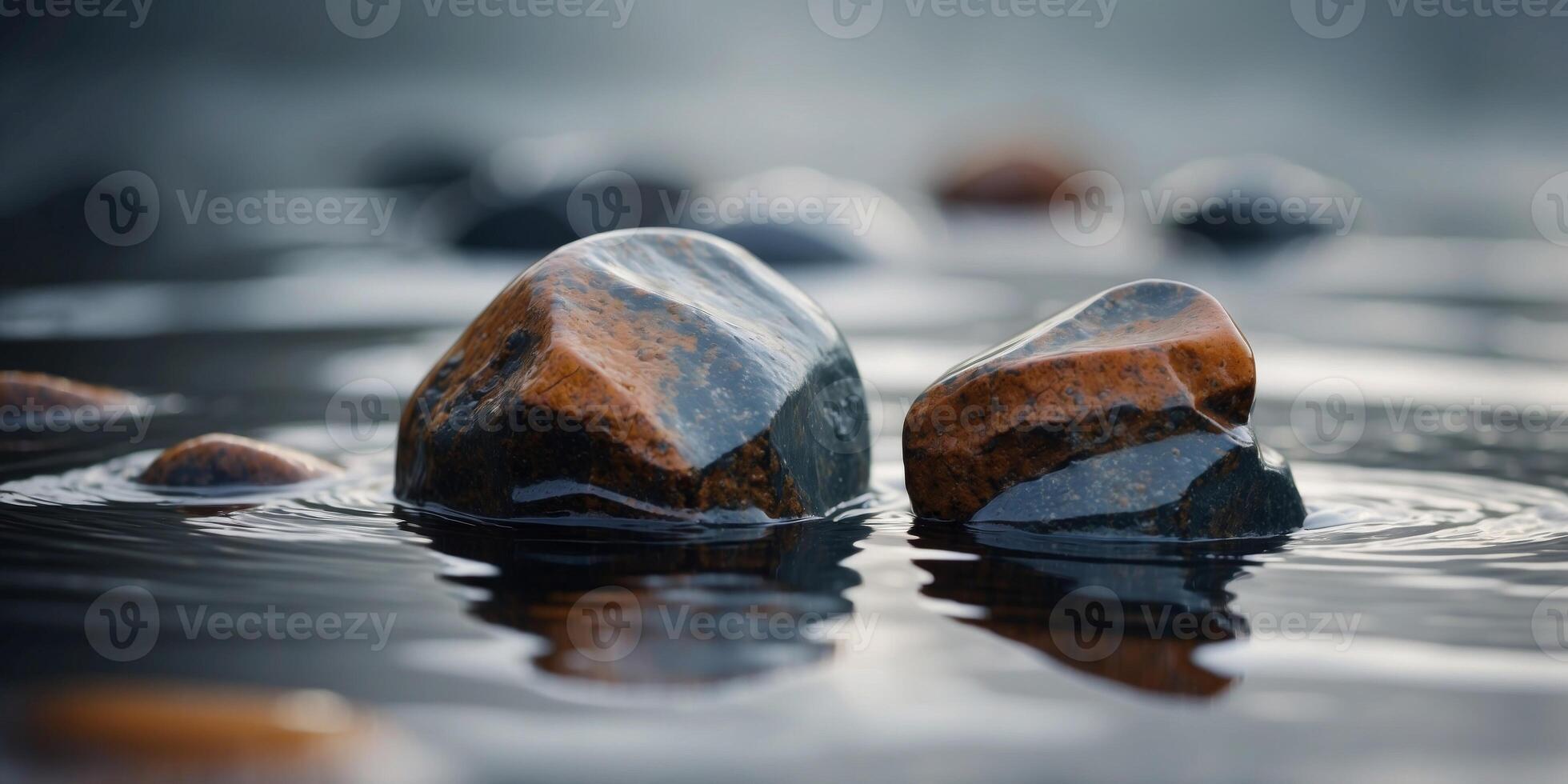 Smooth stone in calm water with gentle ripples. photo