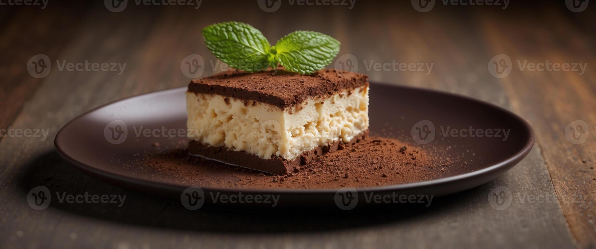 A single serving of tiramisu dessert with cocoa powder and a mint garnish on a brown plate. photo