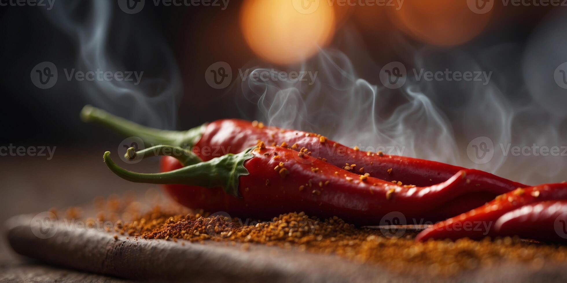 Close-up of spicy red chili pepper with smoke and spices. photo