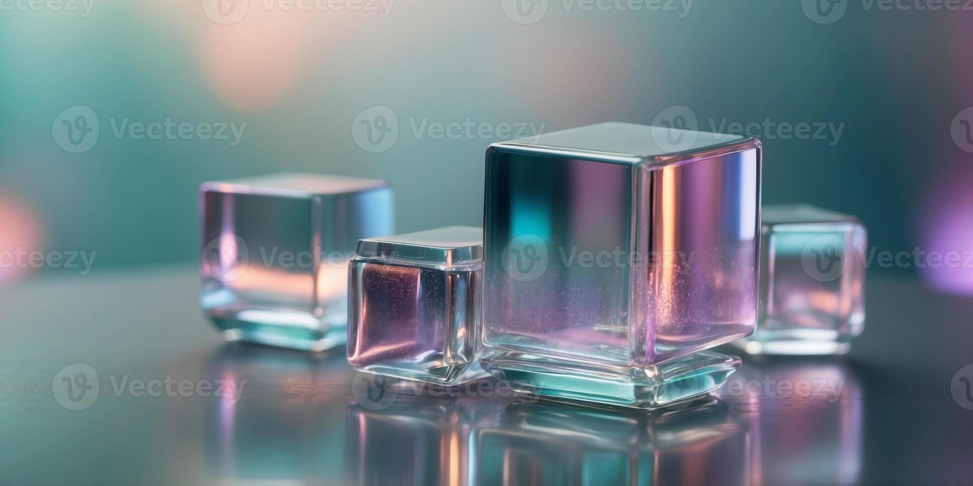 holographic glass cubes levitating on a pastel sage background. photo