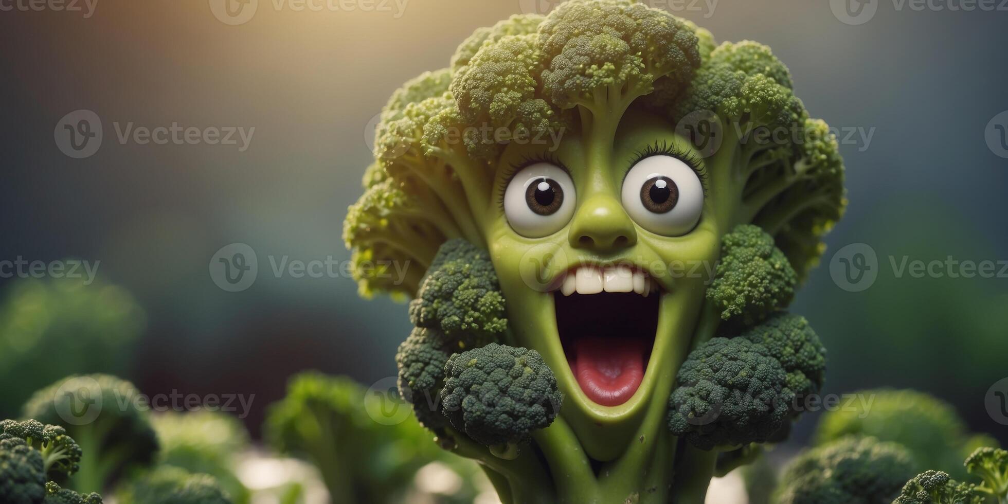 Broccoli character with funny face and emotions. photo