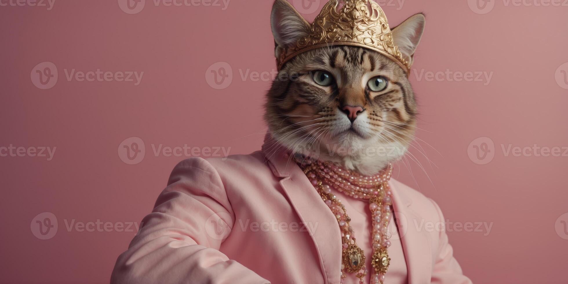 Feline dressed like a sovereign representation moderate detached pink background. photo