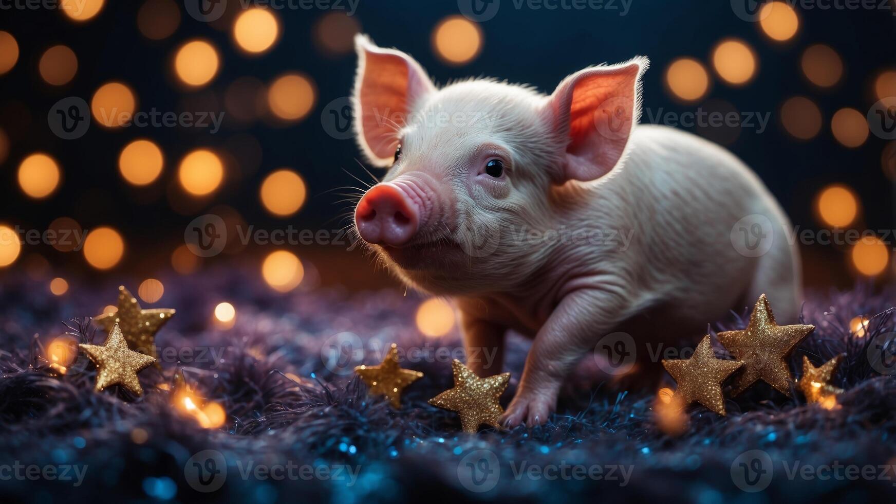 Small piglet surrounded by shiny stars on dark festive background. photo
