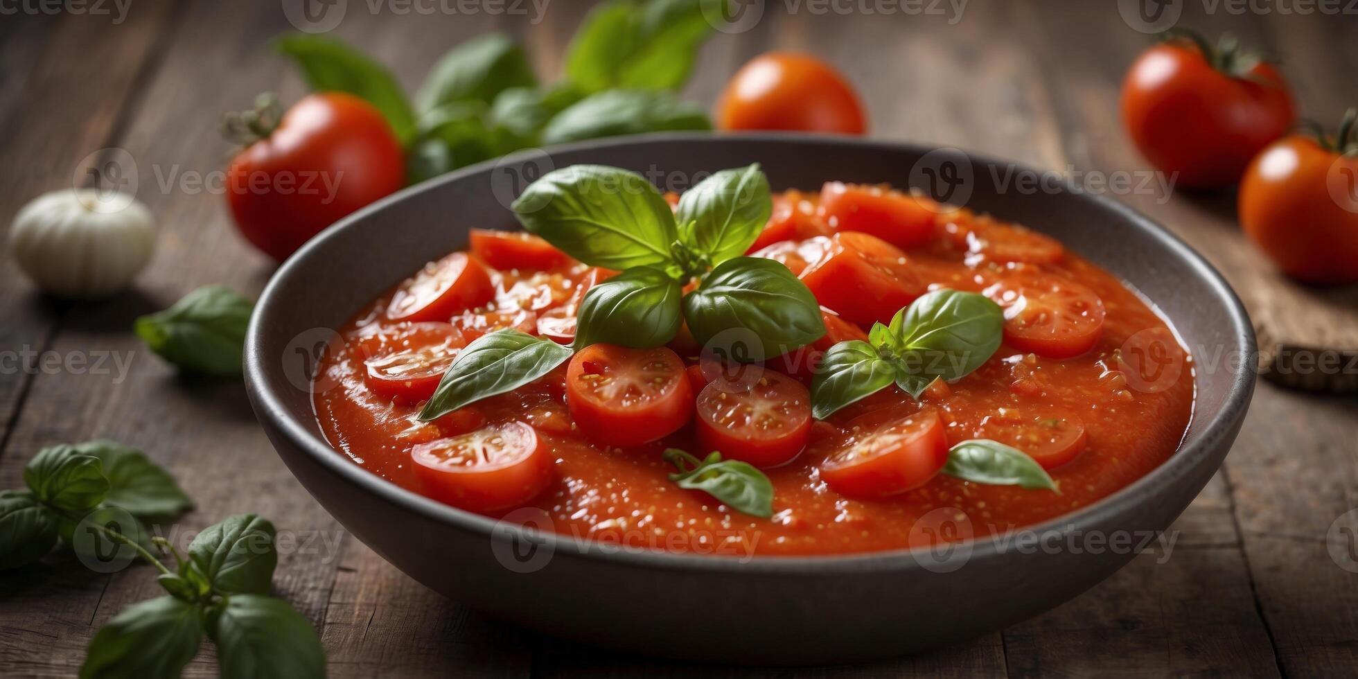 A bowl of tomato sauce with fresh tomatoes and basil on a rustic wooden table. photo