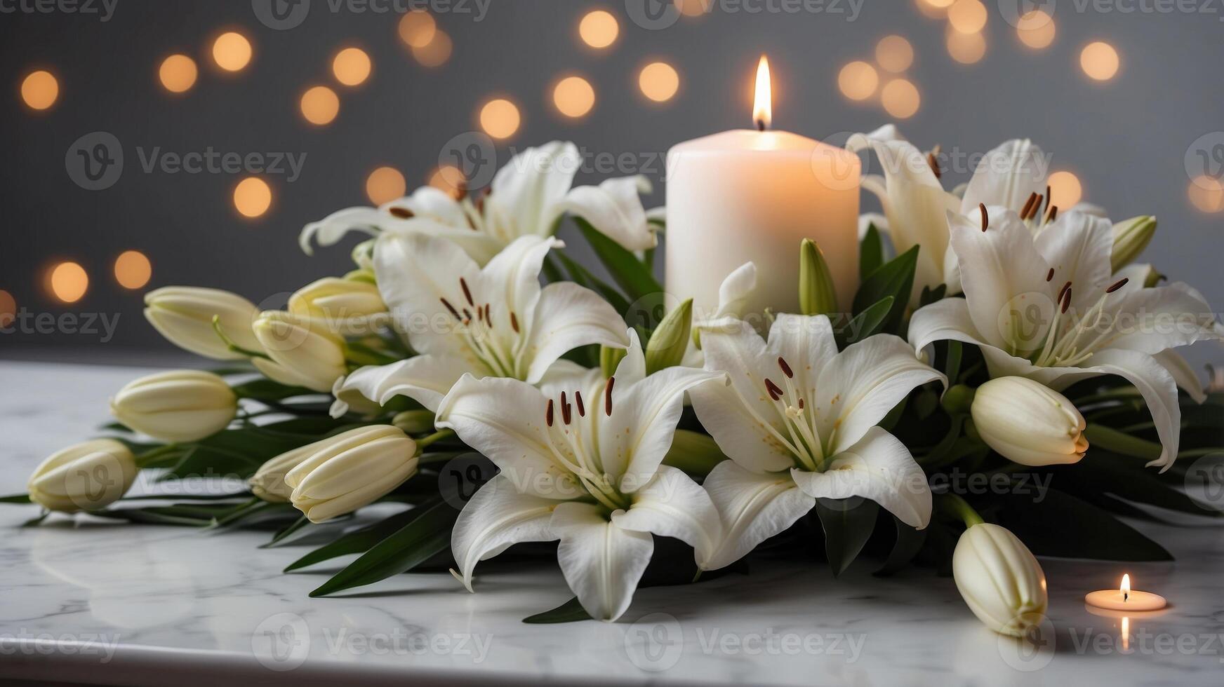 Funeral scene with white lilies and candles. photo
