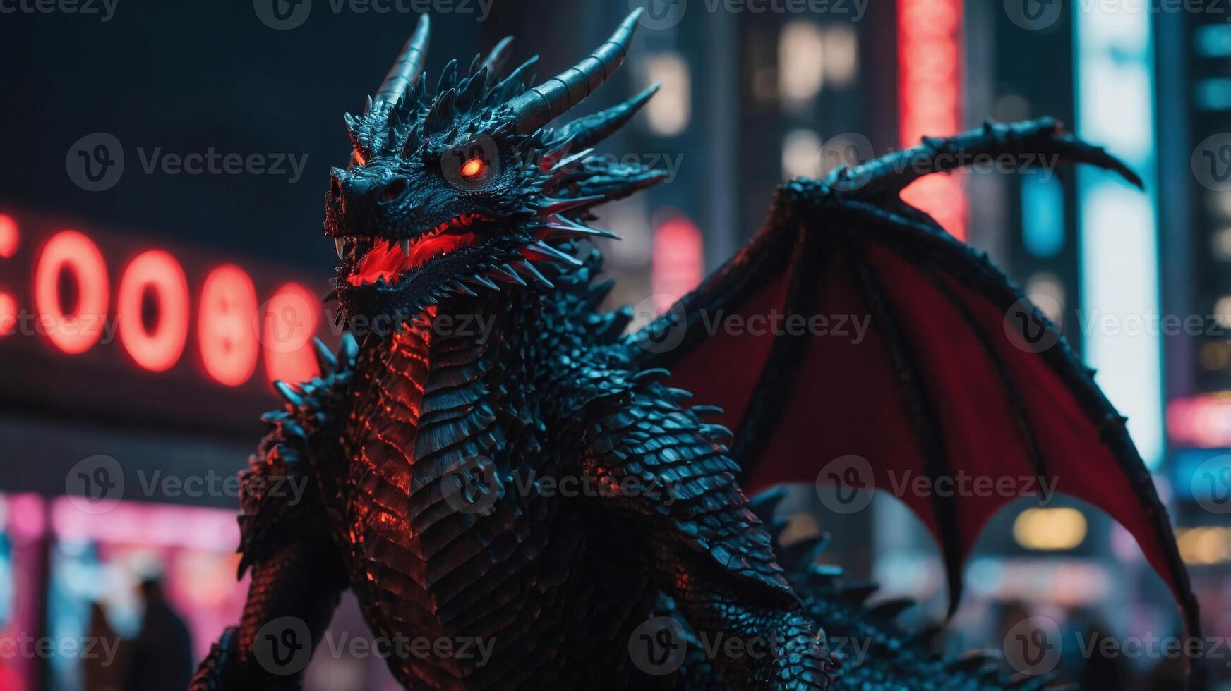 A black dragon with red wings soars through a futuristic city with neon lights. photo