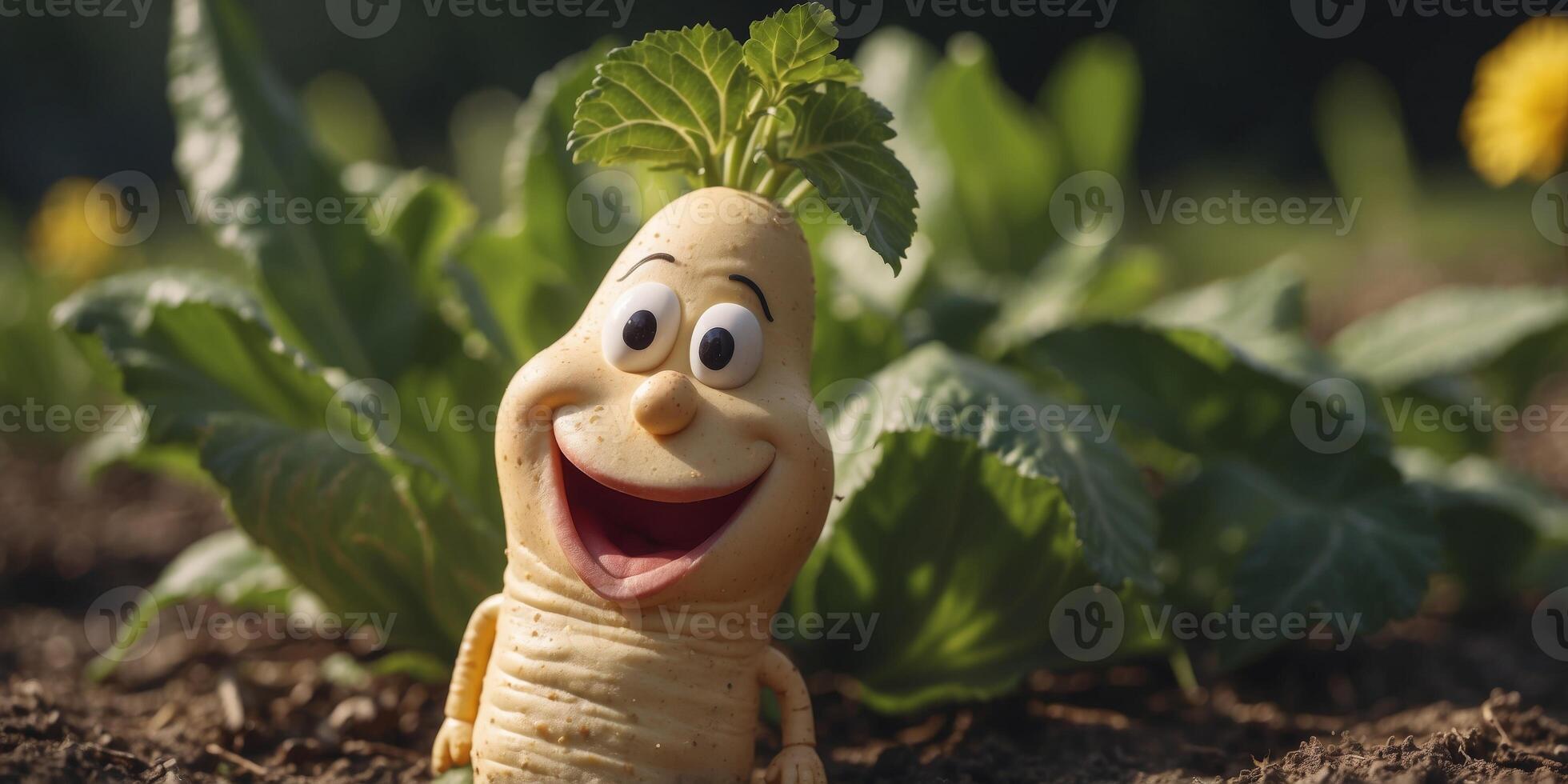 A cheerful animated horseradish with a smile on his face in the garden. photo
