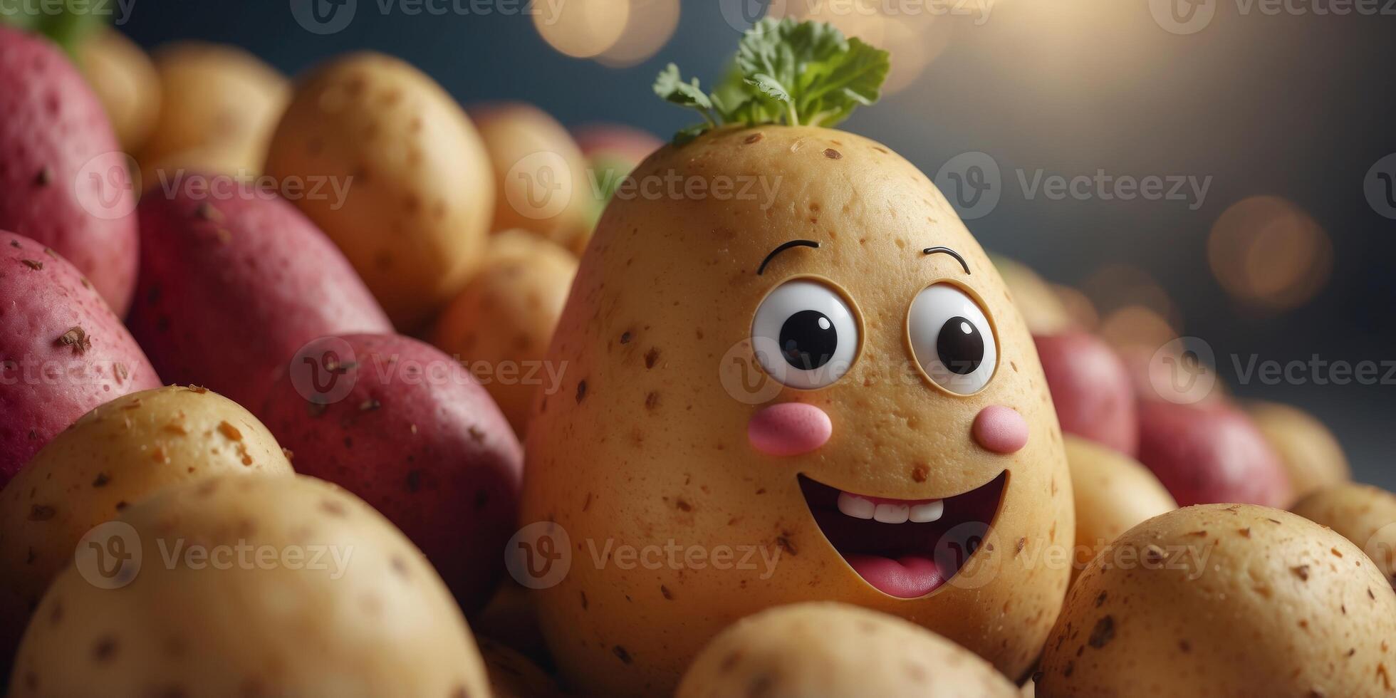 A cheerful potato with a smiling face surrounded by other potatoes banner. photo
