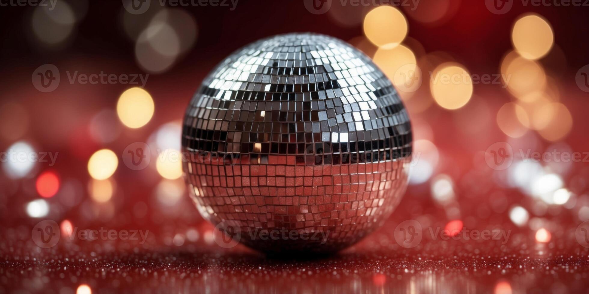 Valentine's Day disco ball on red background with confetti Celebration and party concept Silver glitter mirror ball Shiny surface Discotheque and music. photo