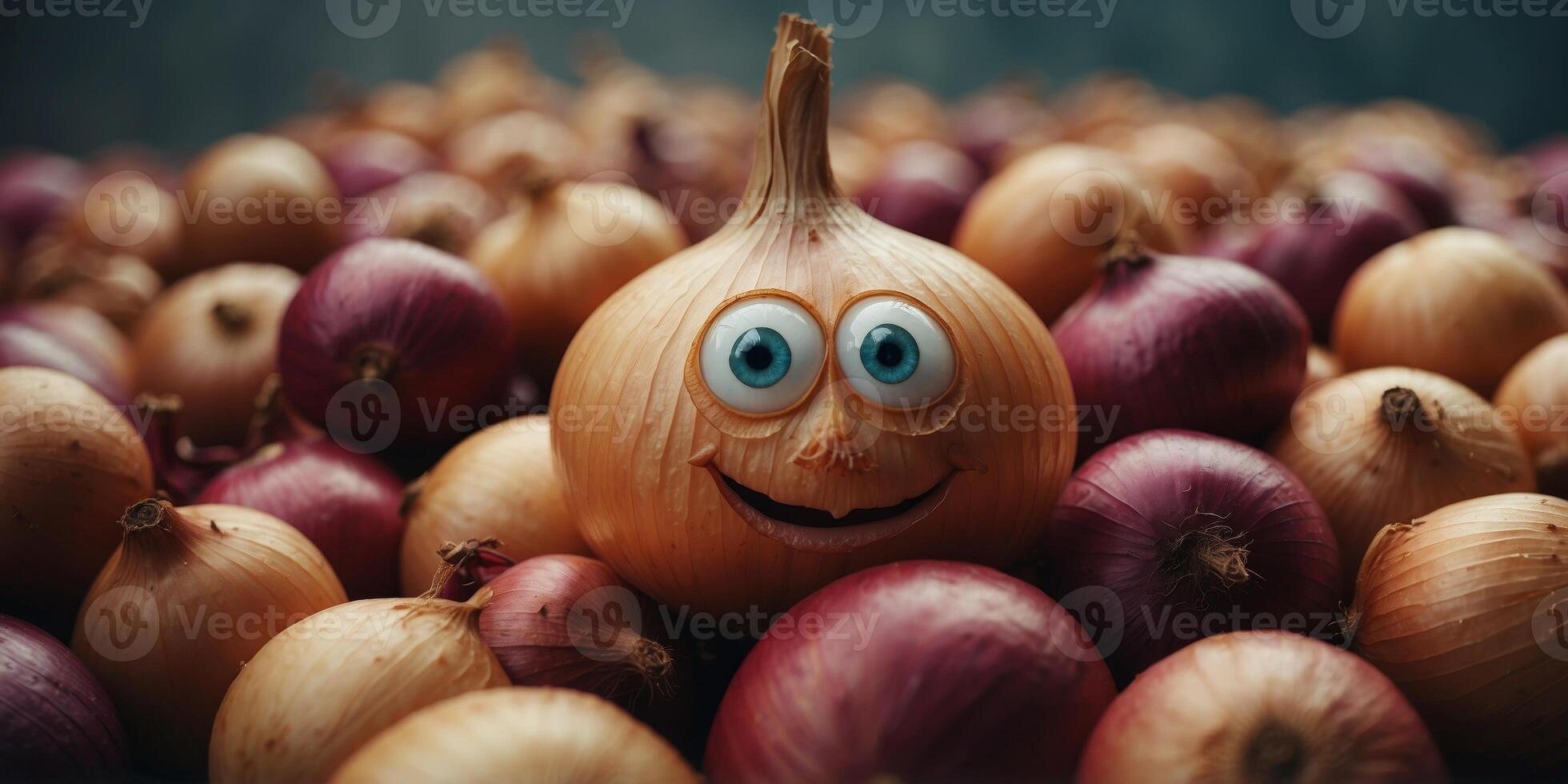 A close-up image of an onion with a comical expressive face The onion appears to be shedding tears of joy. photo