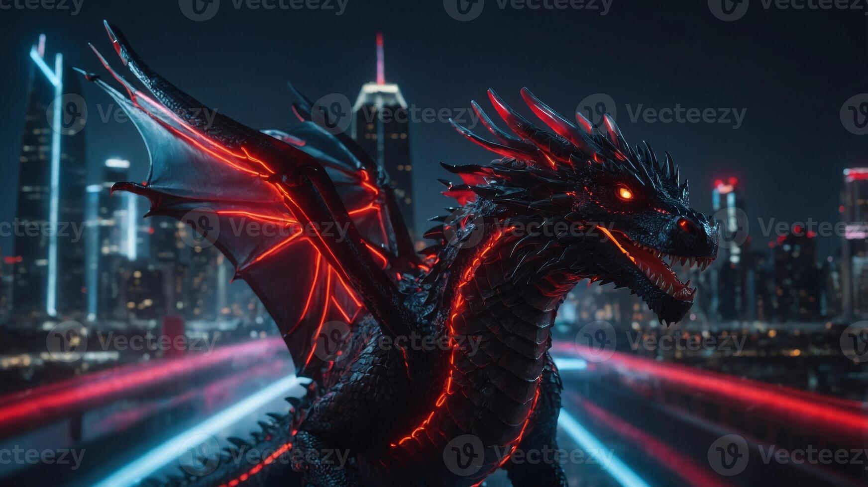 A black dragon with red wings soars through a futuristic city with neon lights. photo