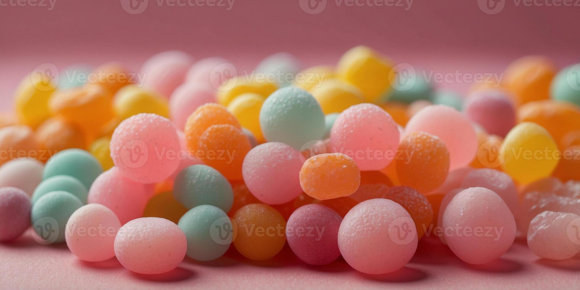 Colorful assorted candies on a pink background. photo