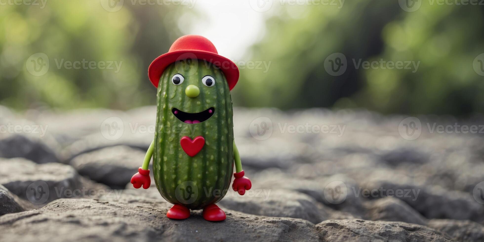 A whimsical green cucumber sporting a vibrant red hat. photo