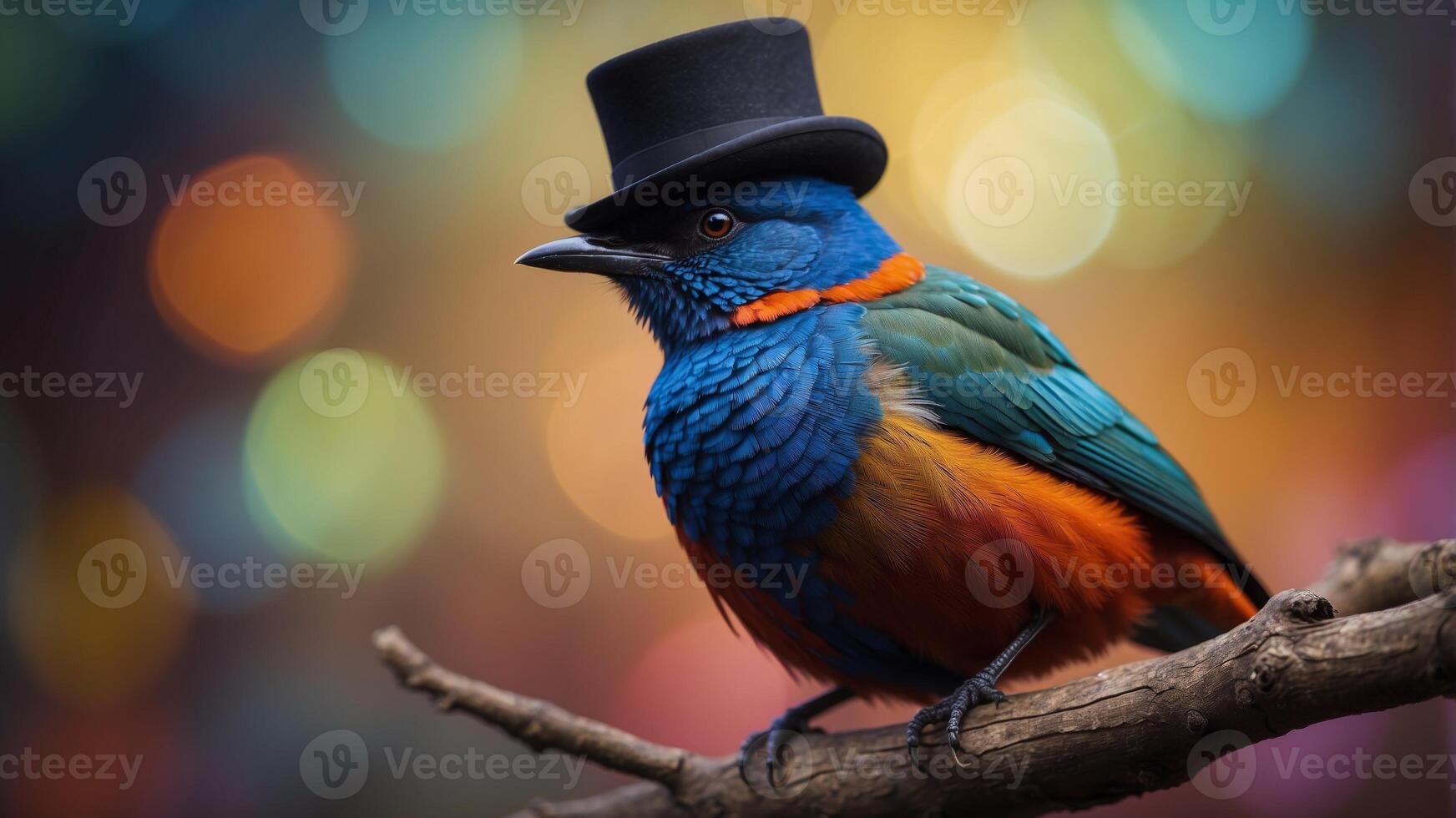 A colorful bird wearing a top hat on its head. photo