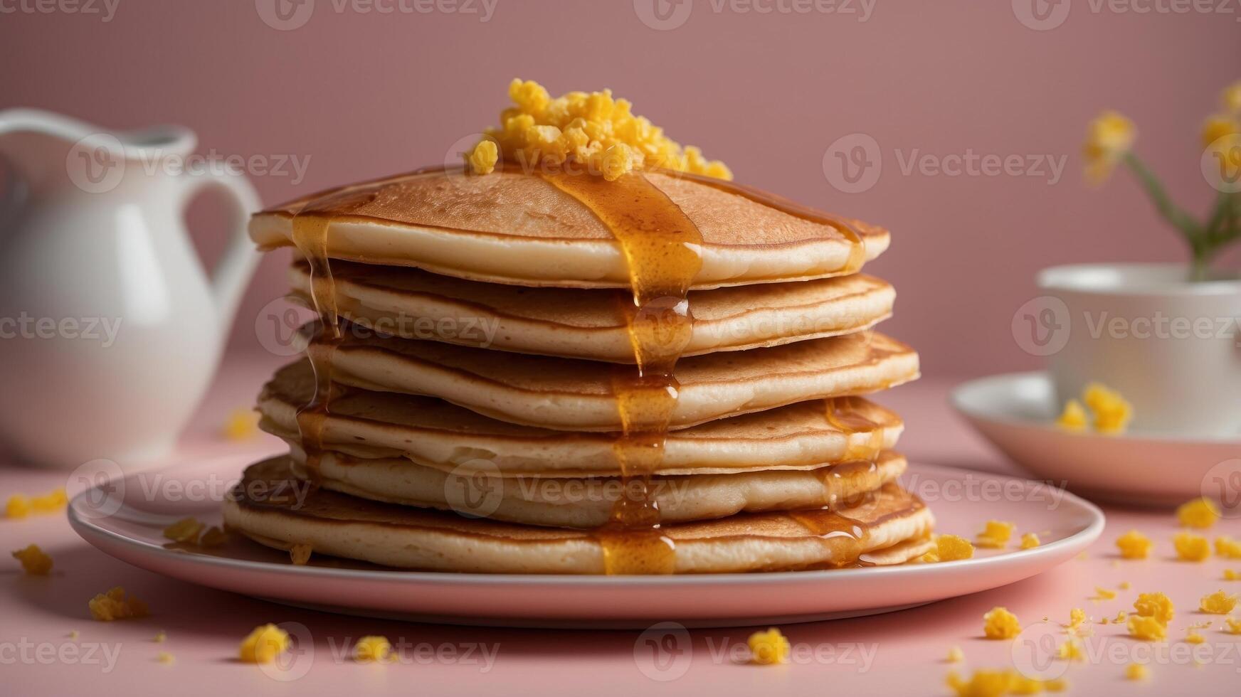 A stack of pancakes on a white plate on a pink and yellow background. photo