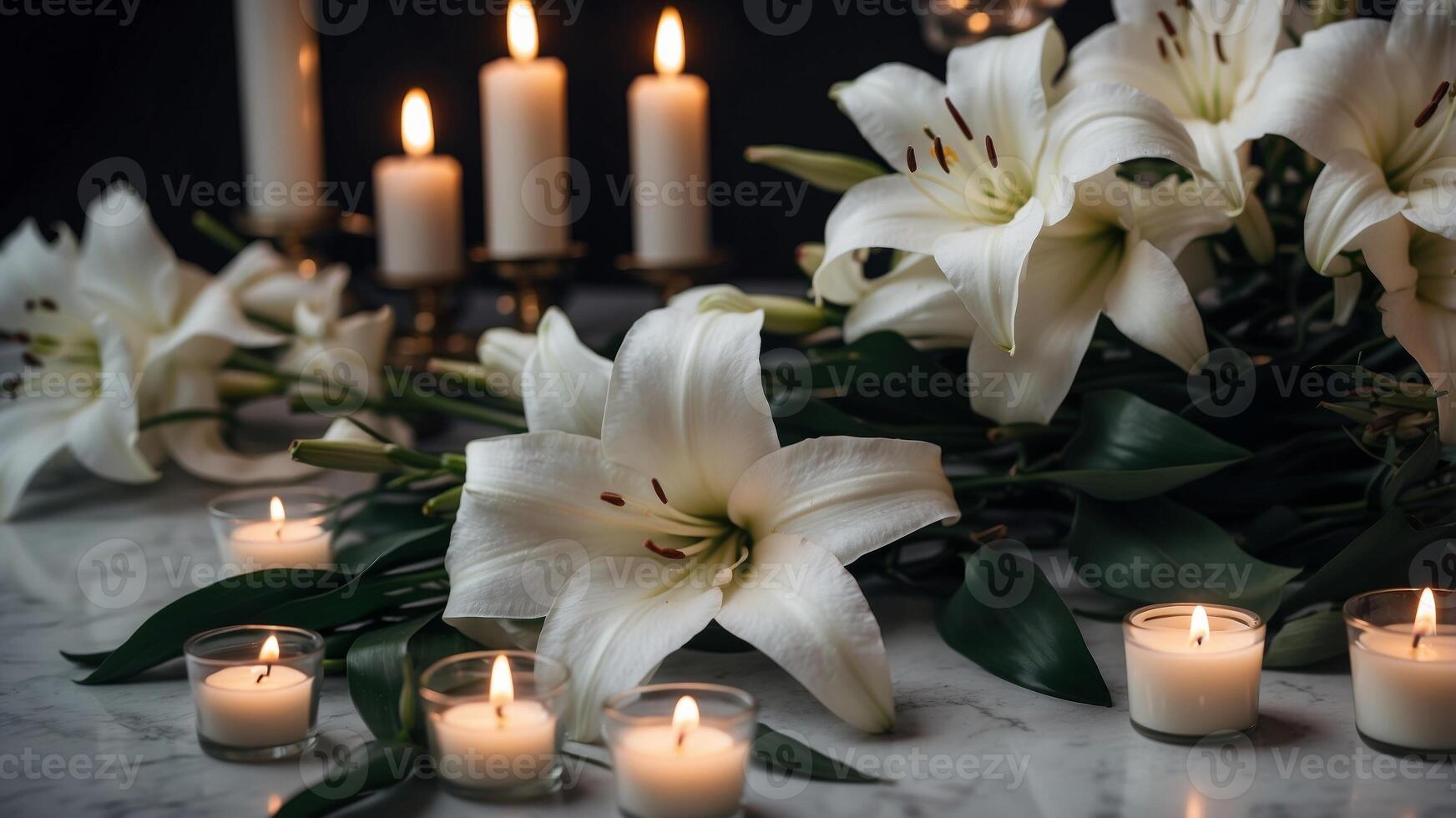 Funeral scene with white lilies and candles. photo