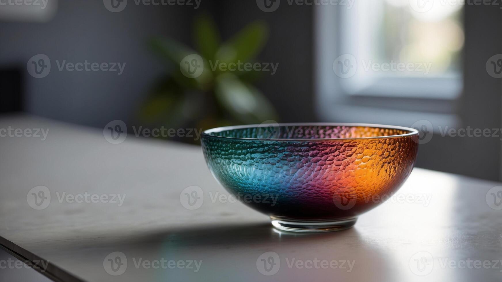 Glass bowl on white table by gray wall with another wall in background. photo