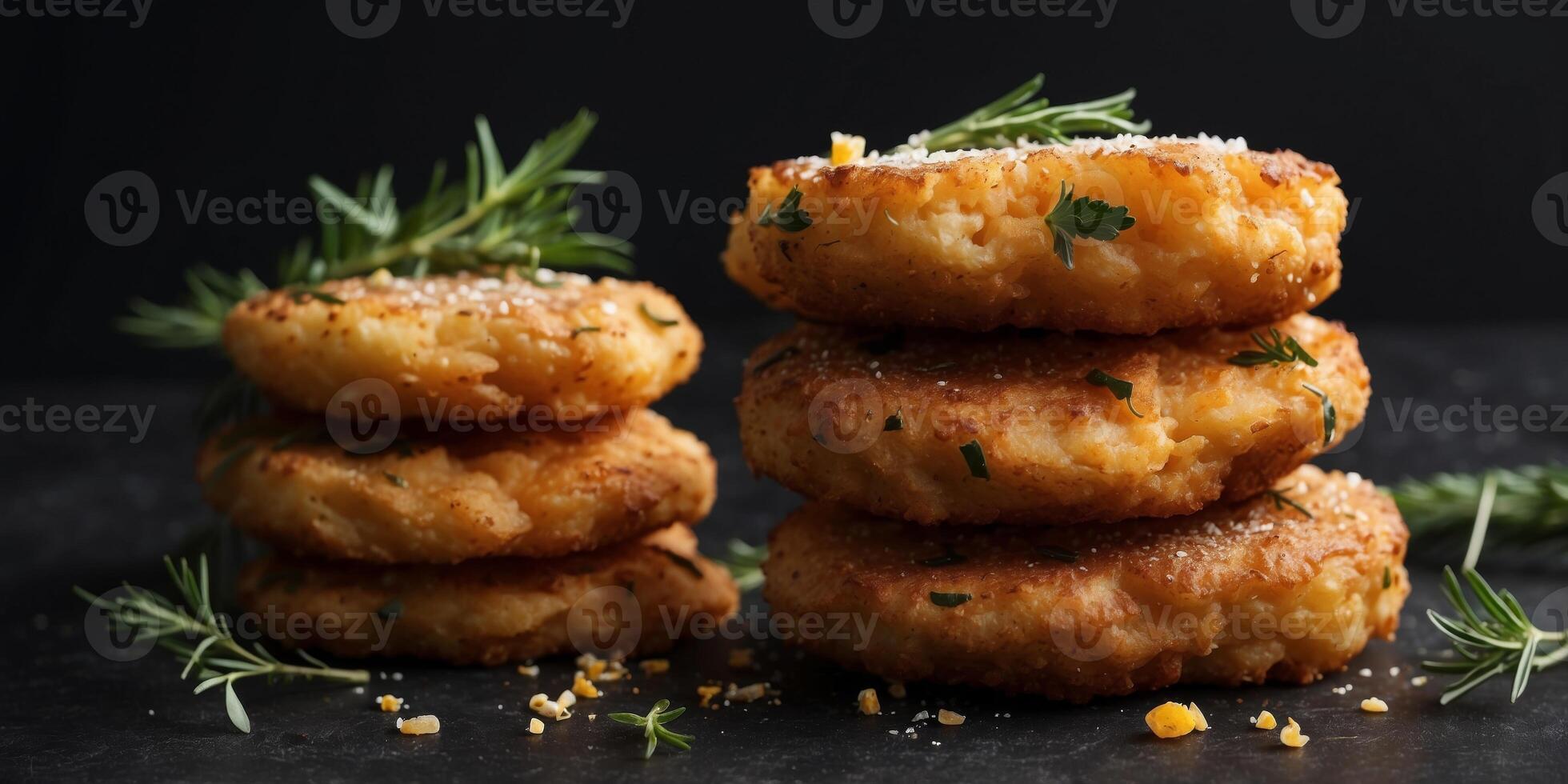 Golden fritters with herbs on dark slate background. photo