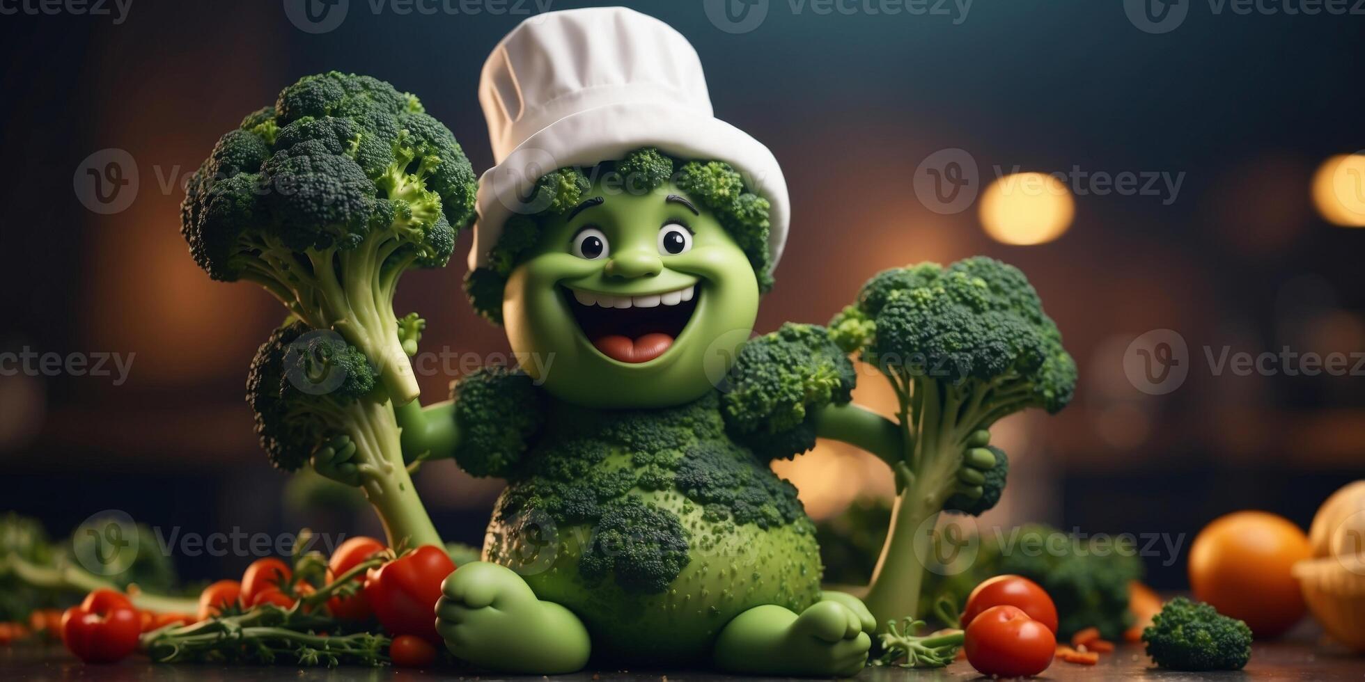 Green broccoli statue with big smile and chef's hat on top of it. photo