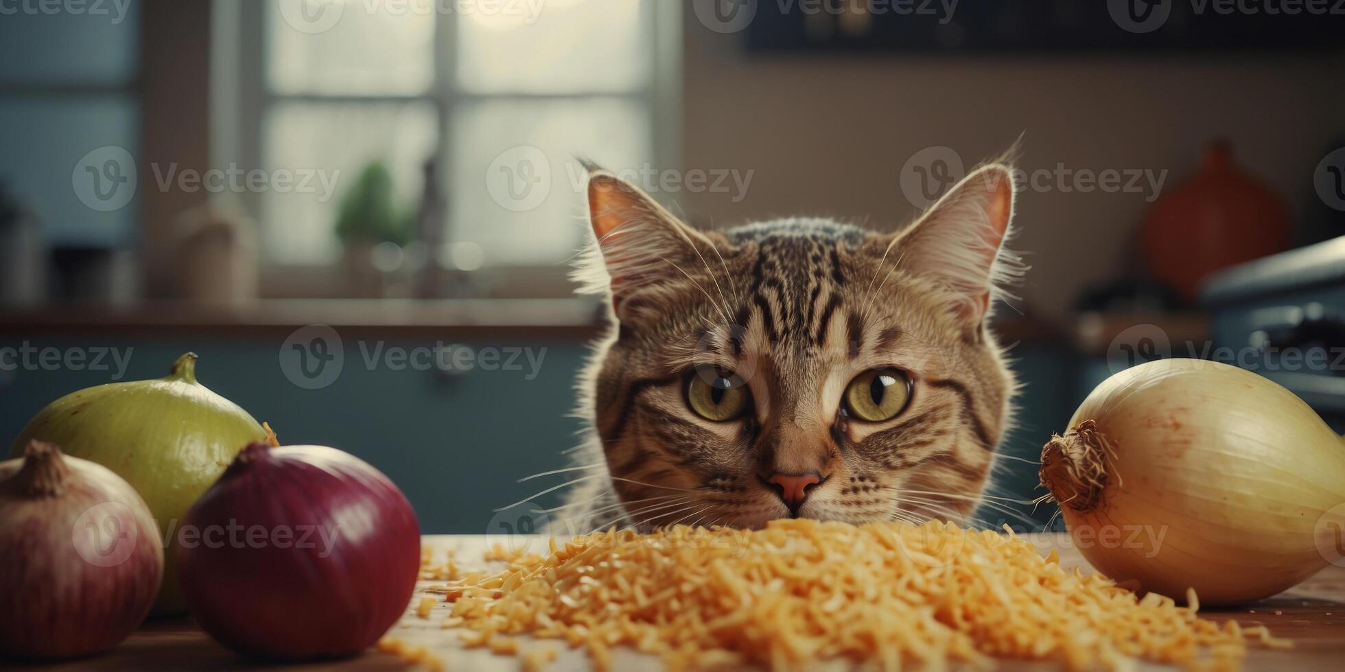 Crying cat watching onion chopping - Humorous image of a wide-eyed cat with tears as onions are being chopped nearby, evoking empathy and whimsy. photo
