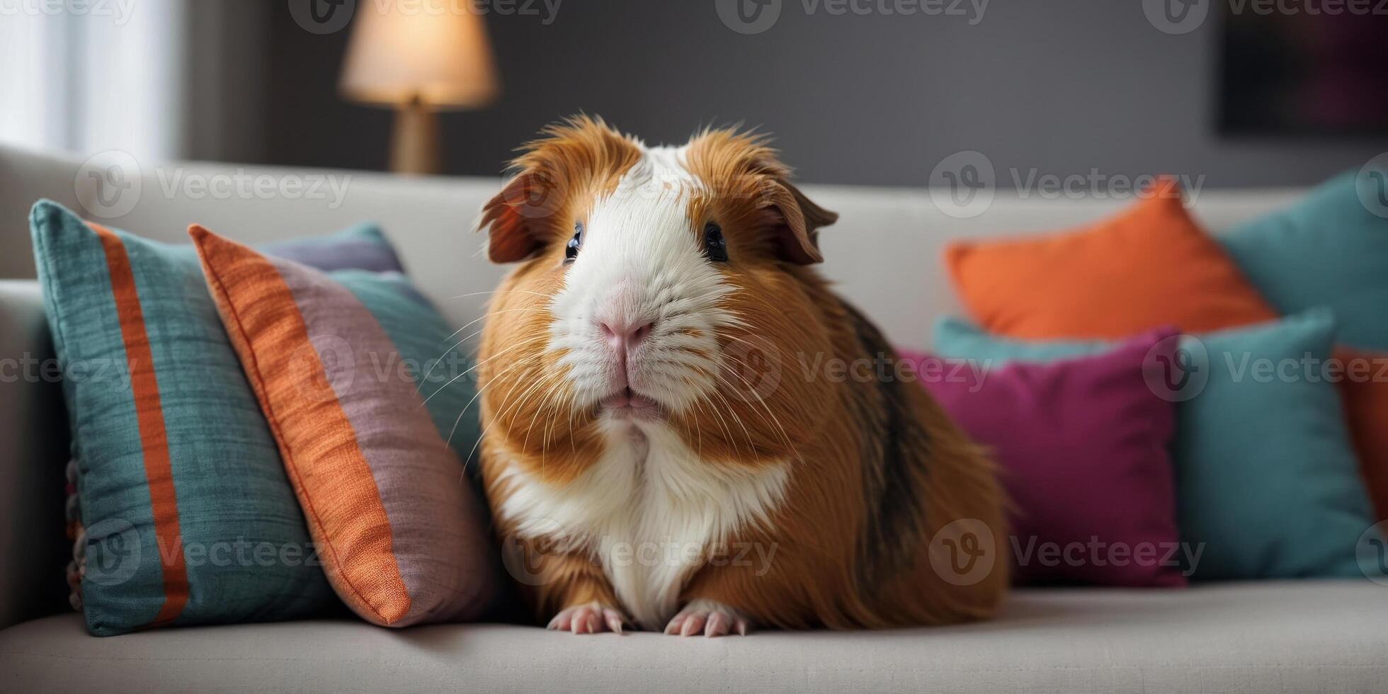 Adorable guinea pig sitting among colorful cushions on sofa. photo
