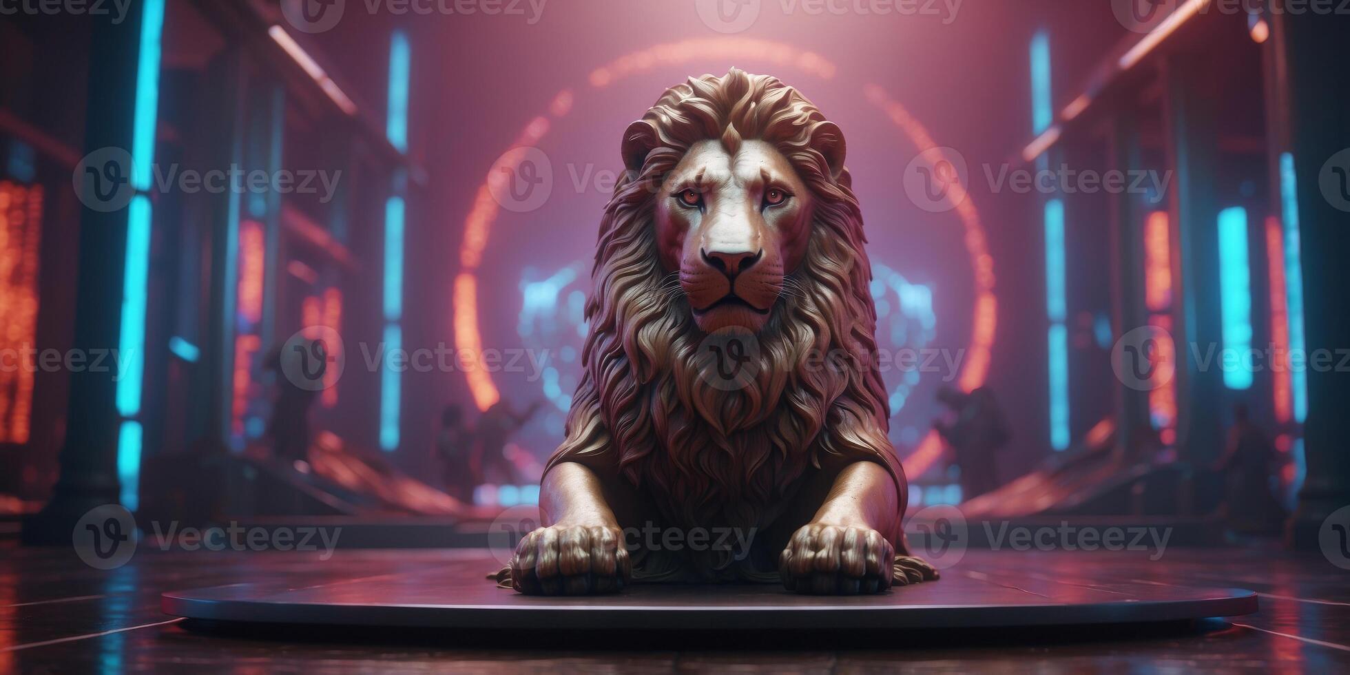Futuristic throne room holographic lion standing guard neon glyphs floating around. photo