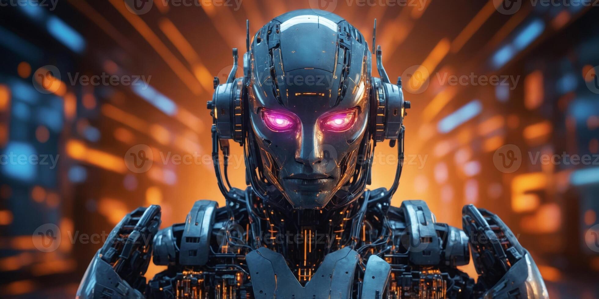 Futuristic Robot Standing Amidst Glowing Digital Grid and Circuits of an advanced intelligence machine with robotic features surrounded by a complex network of digital data technology. photo