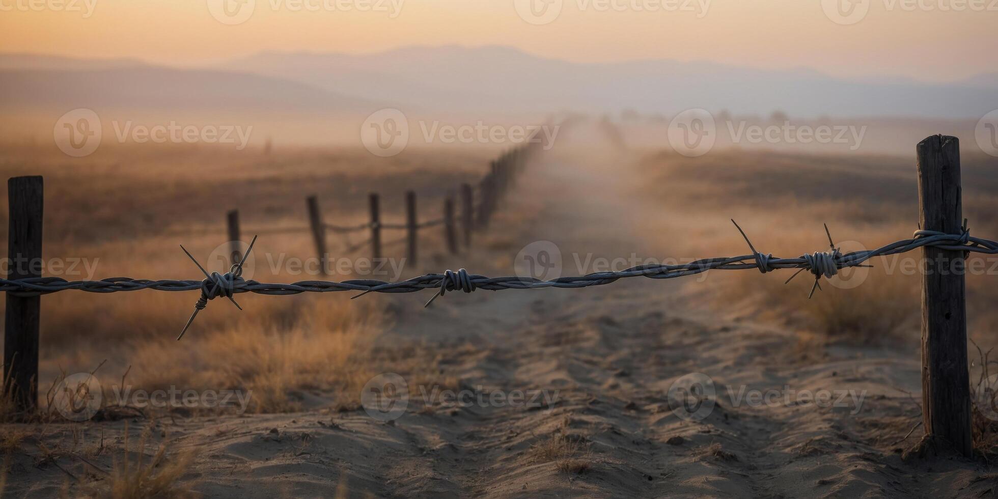 Barbed wire and wooden fence in foggy desert landscape. photo
