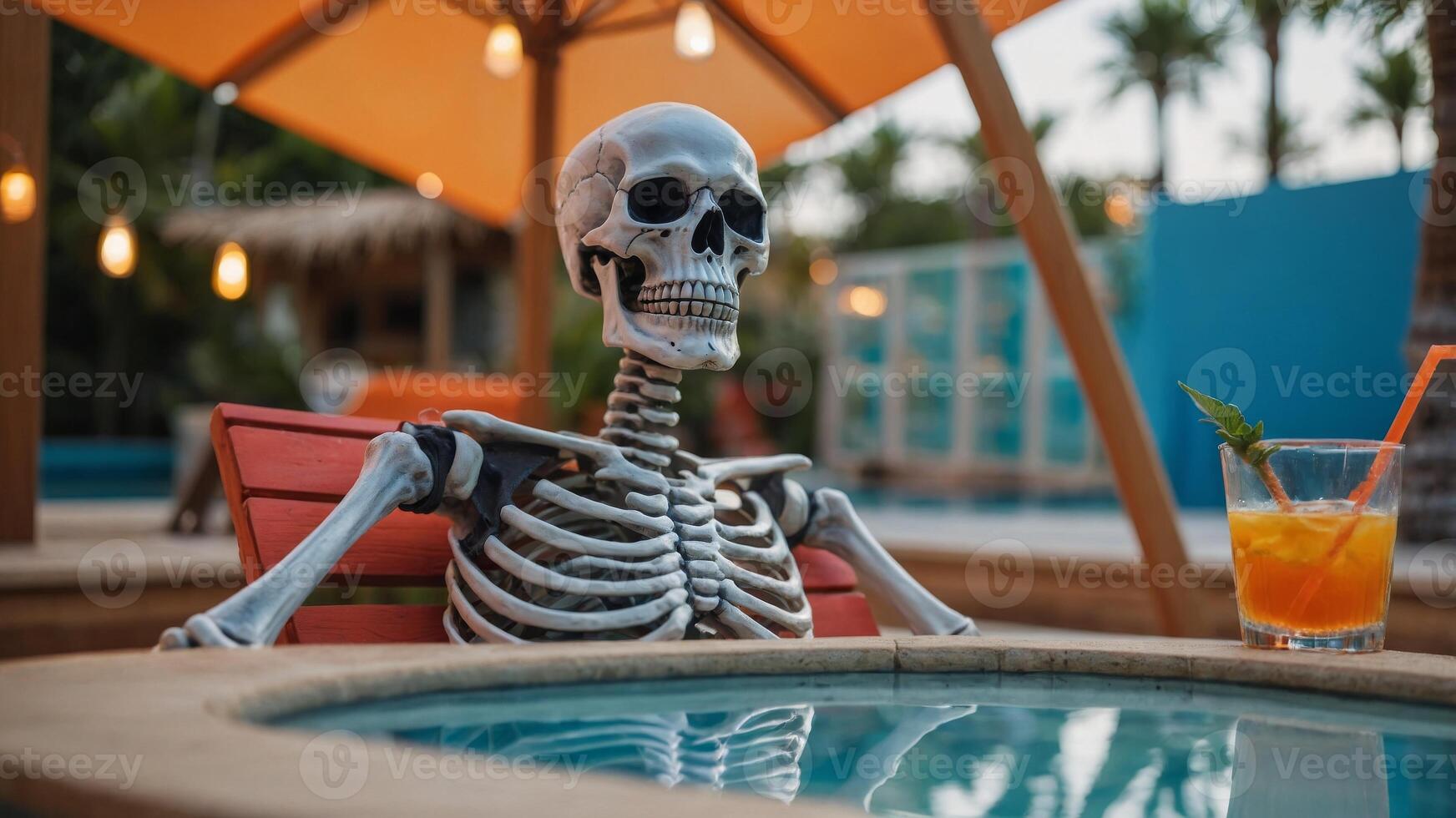 Chill skeleton with a drink pool cabana behind. photo