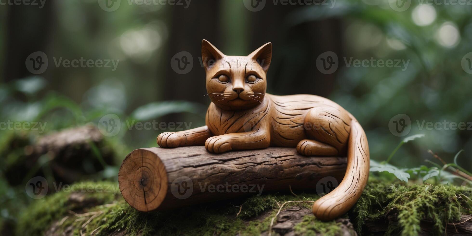 A wooden cat statue is resting on a log The statue is brown and has a sleepy expression The log is surrounded by green leaves, giving the scene a peaceful and natural feel. photo