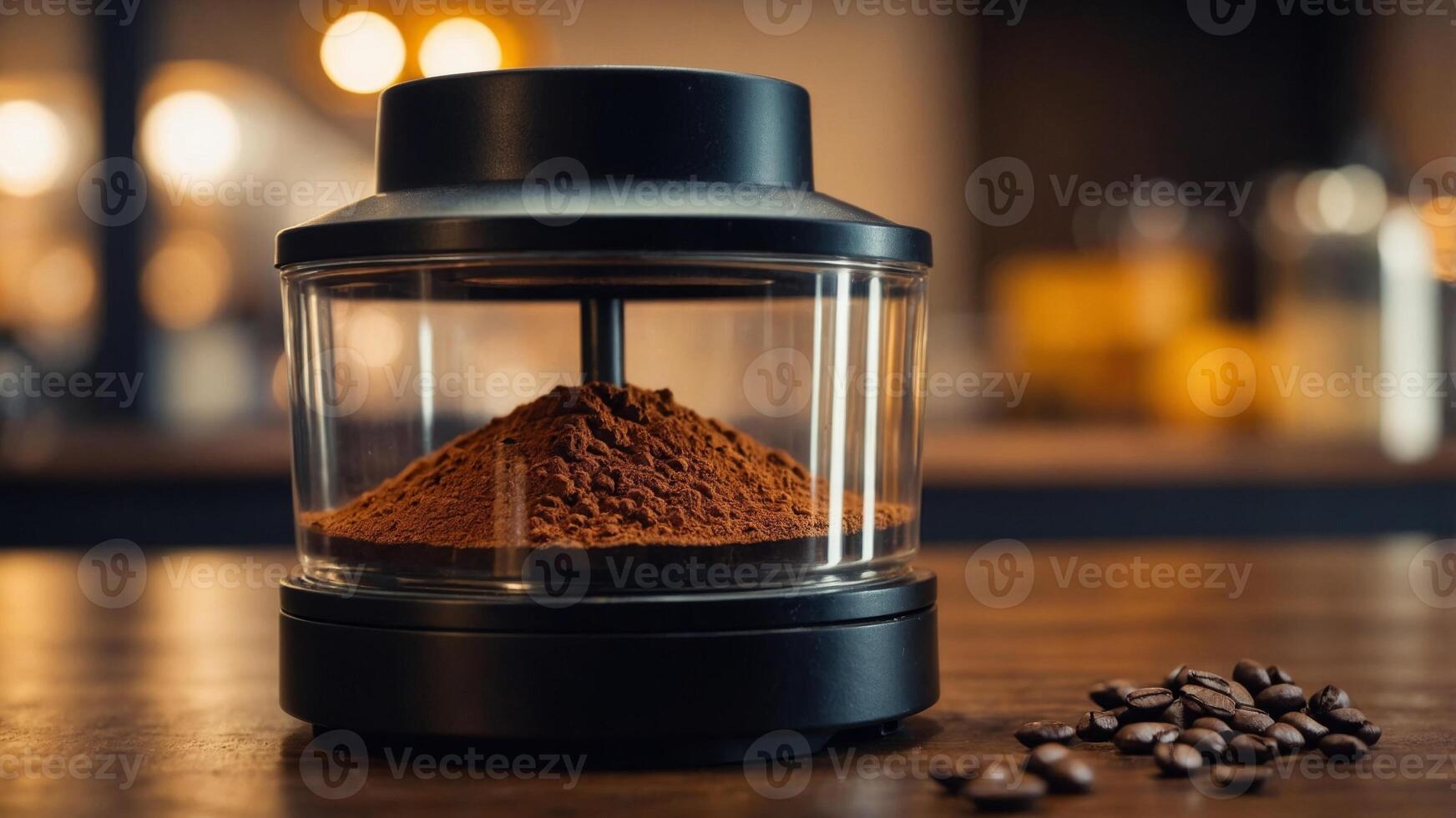 Closeup of filter holder with ground powder on bar coffee make. photo