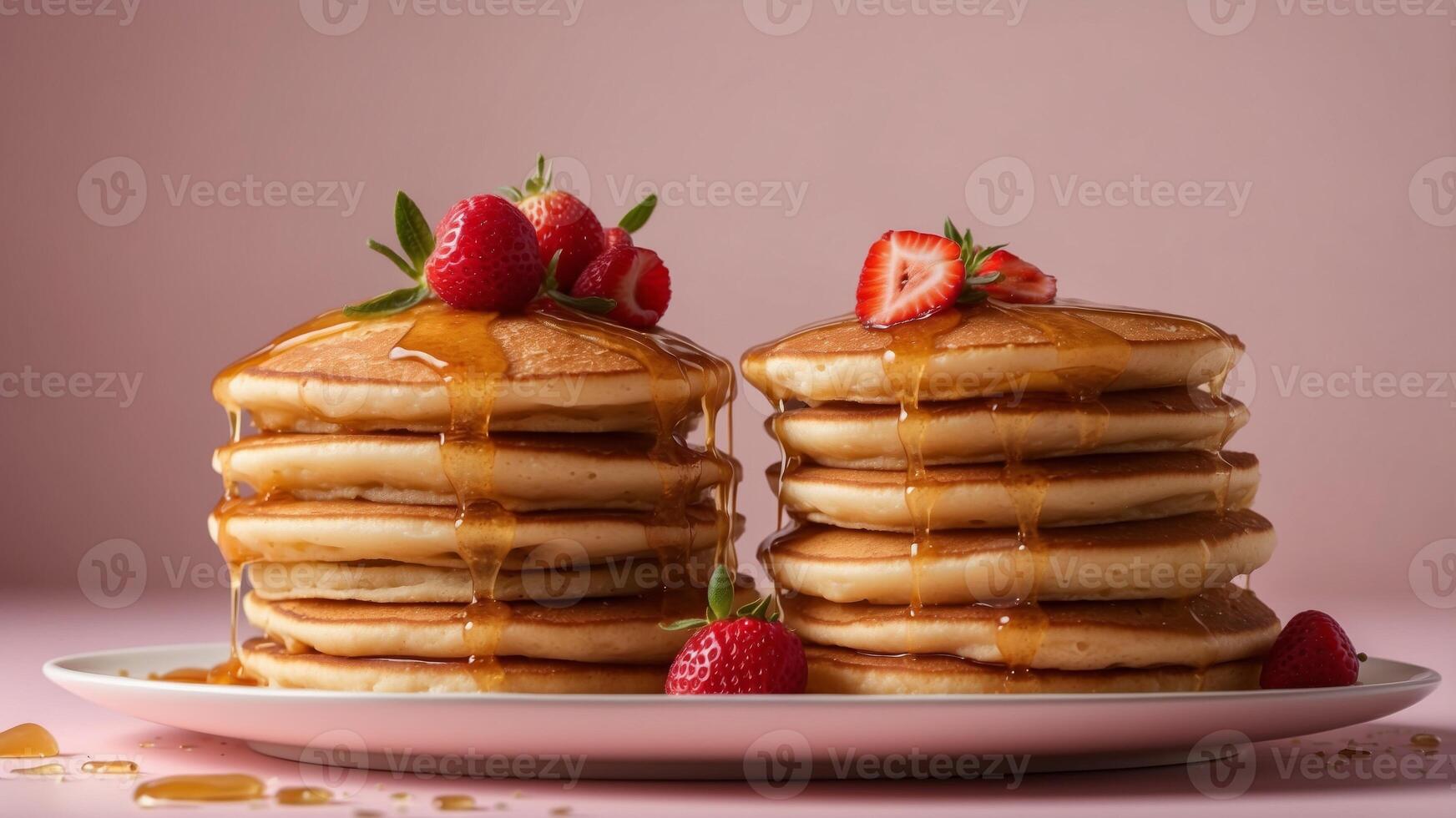 A stack of pancakes on a white plate on a pink and yellow background. photo