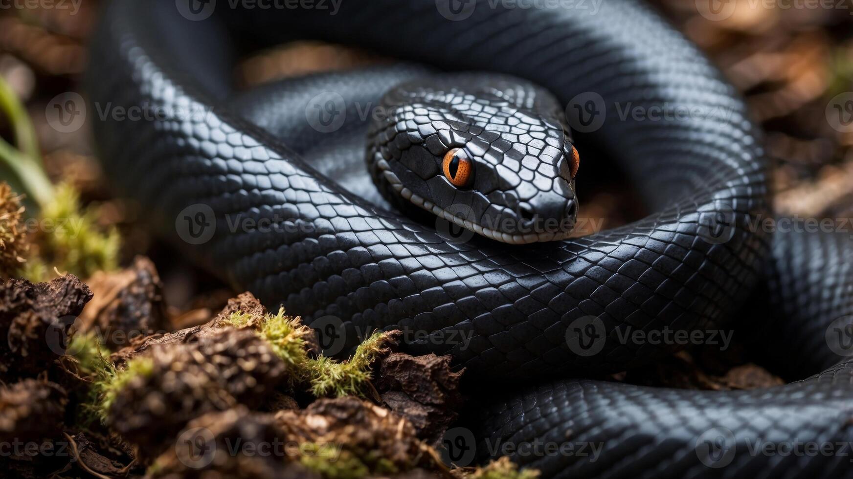 A close up of a black snake curled up in a pile. photo
