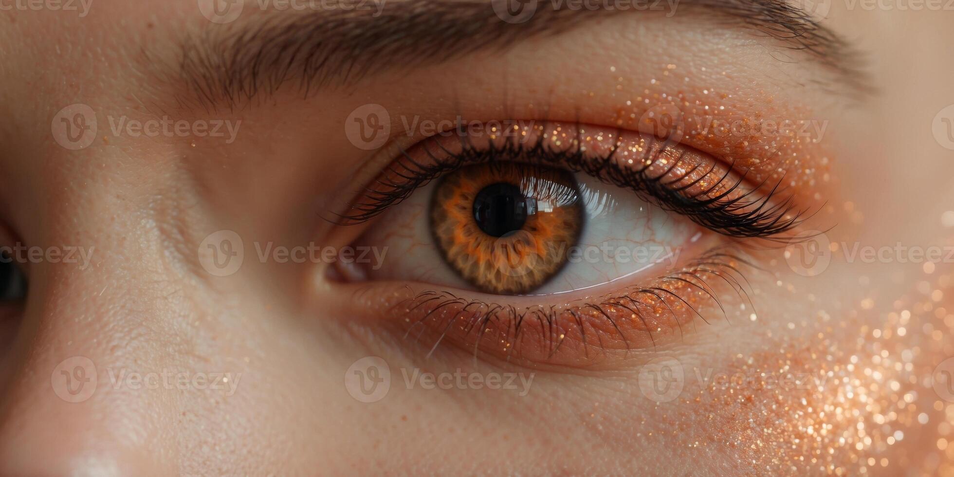 close up of an eye with peach fuzz color glitter eye shadows. photo