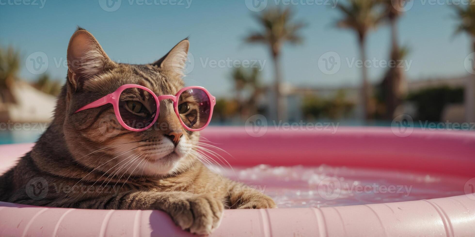 A cat wearing sunglasses as well as sitting on a pink inflatable pool. photo