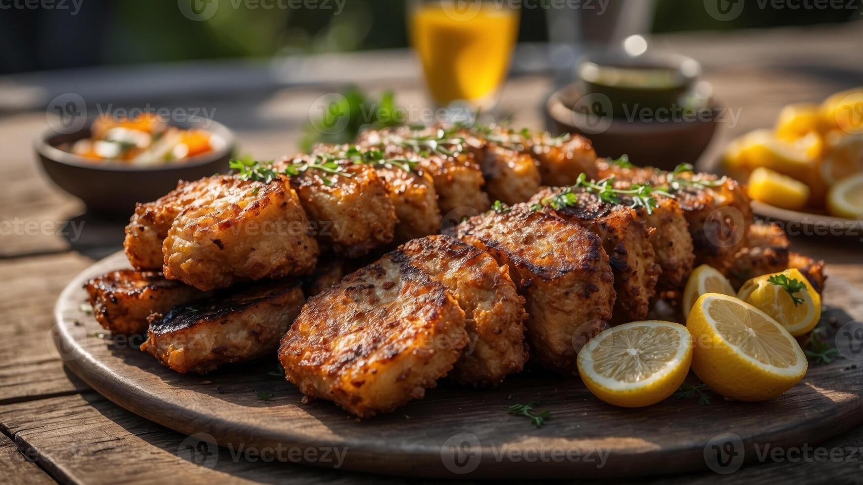 Variety of Delectable Grilled and Fried Dishes on Rustic Wooden Table for Sumptuous Outdoor Gathering or. photo