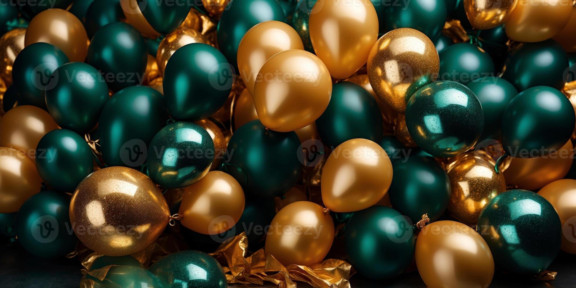 A bunch of shiny gold and green balloons are stacked on top of each other. photo