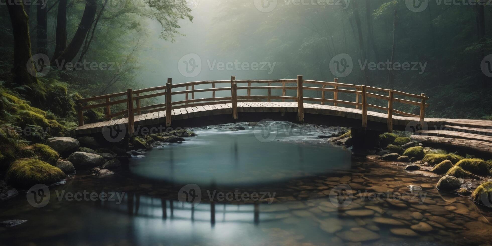 Wooden Bridge Over a Misty Stream in a Forest. photo