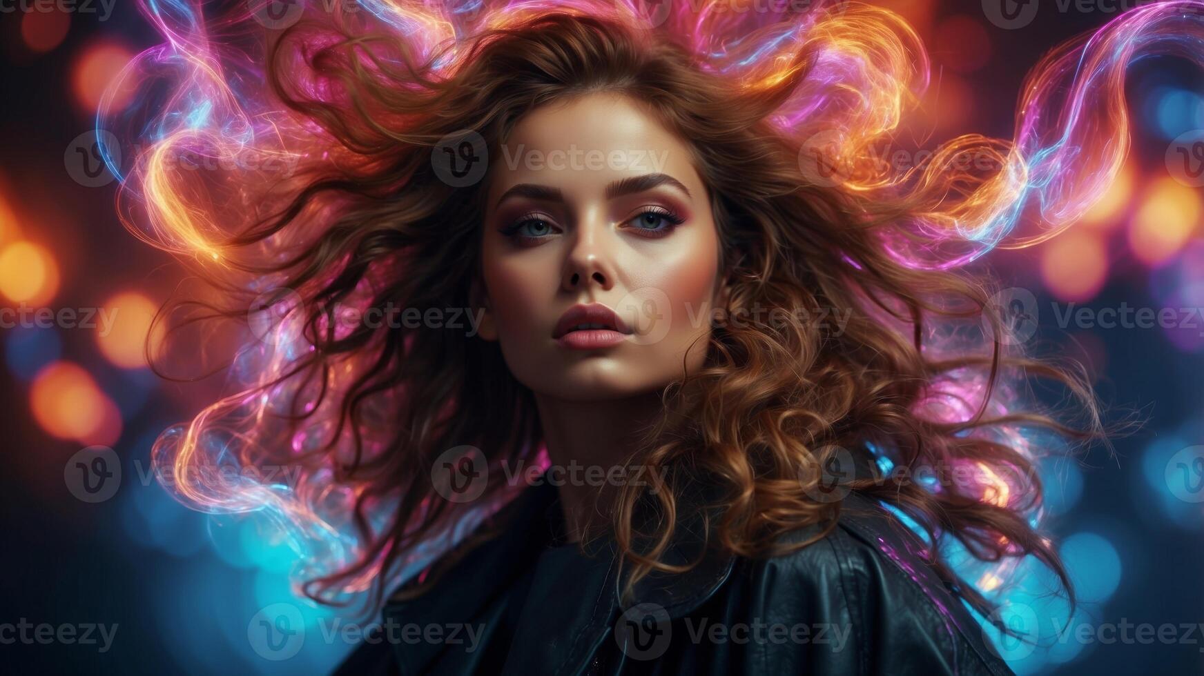 Captivating Cosmic Swirls of Glowing Neon Lights and Digital Energy. photo