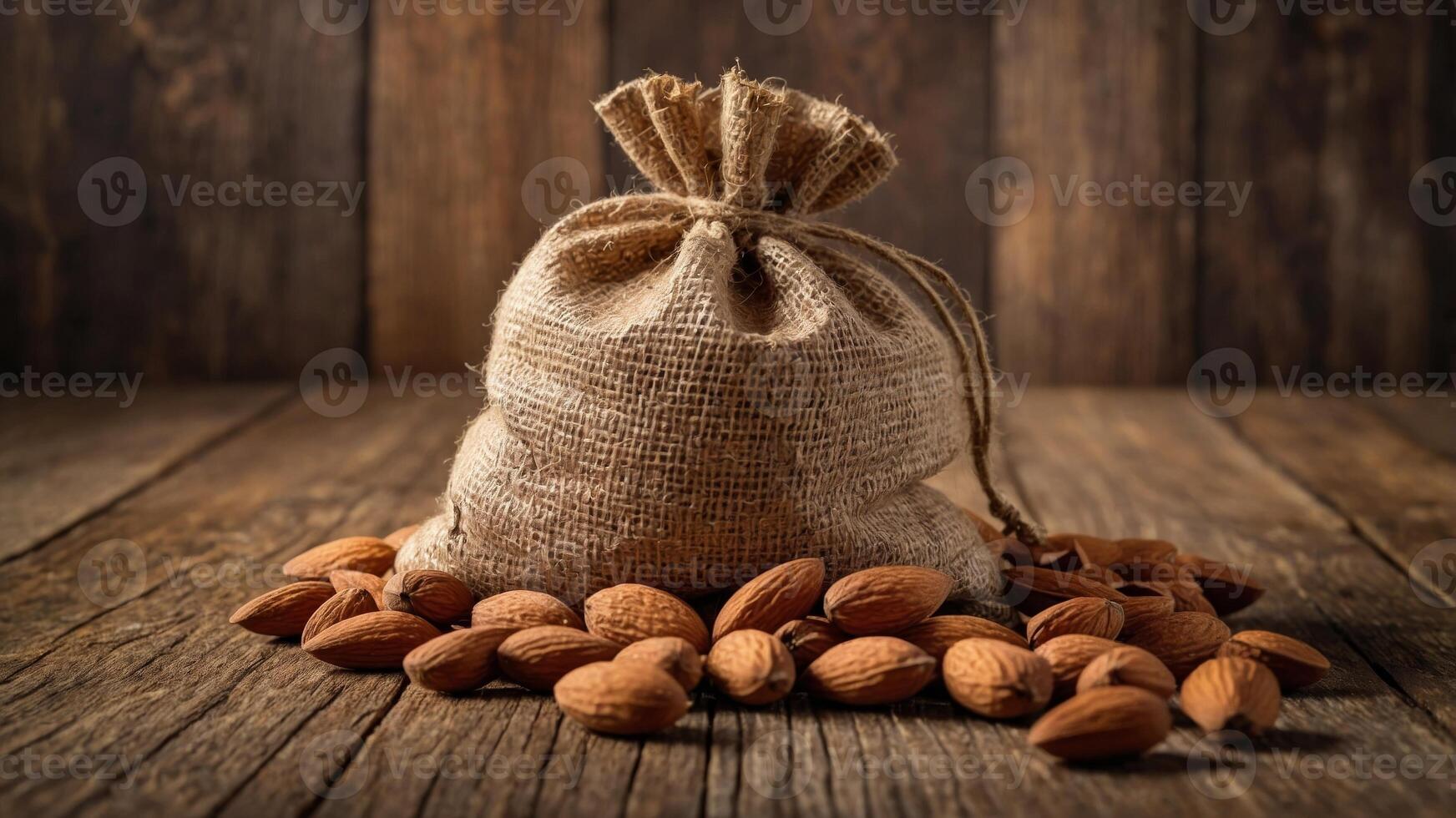 A burlap sack filled with almonds sits on a rustic wooden table with a few almonds scattered nearby. photo