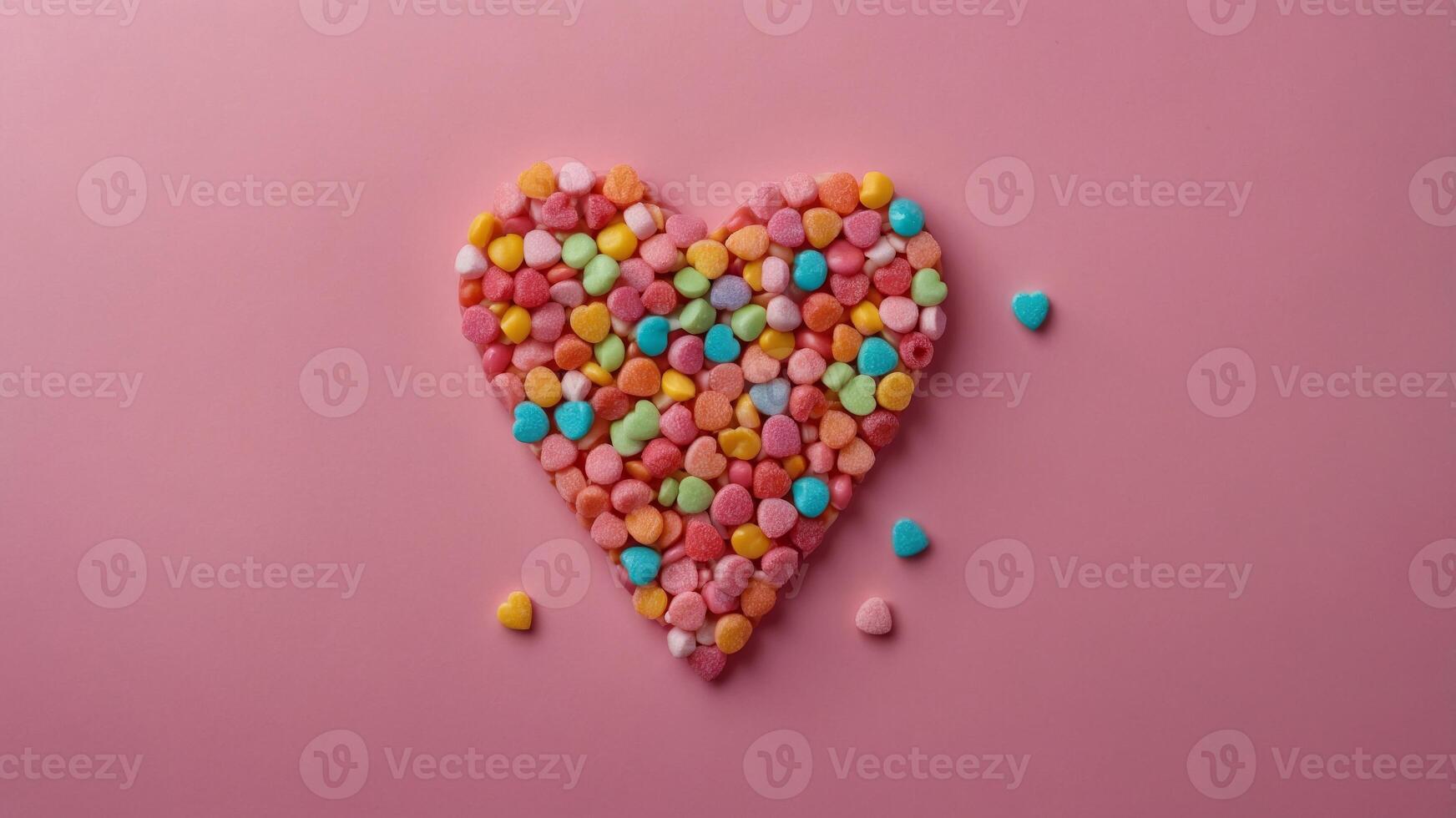 Colorful candies heart shape on pink background. photo