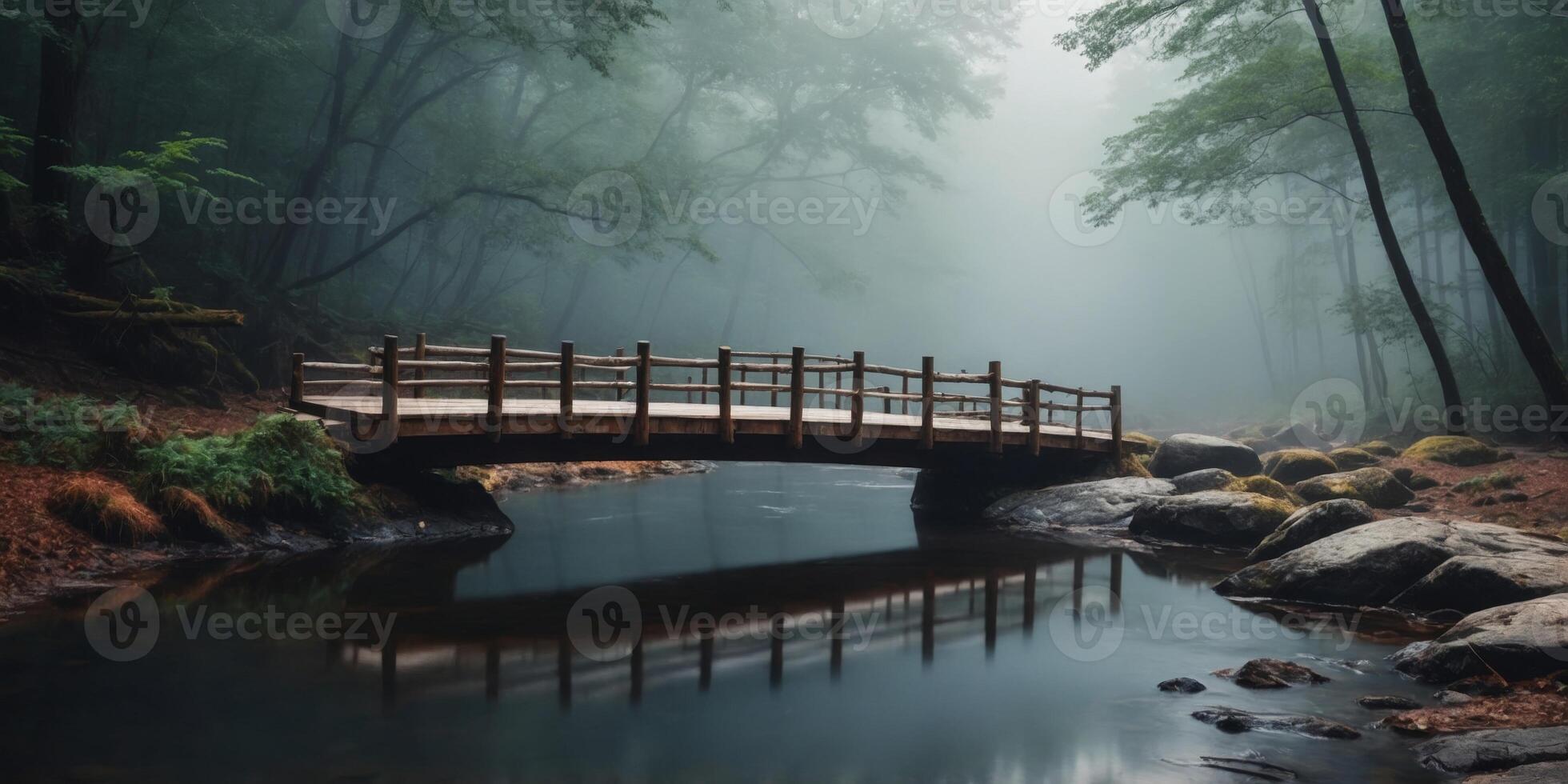 Wooden Bridge Over a Misty Stream in a Forest. photo