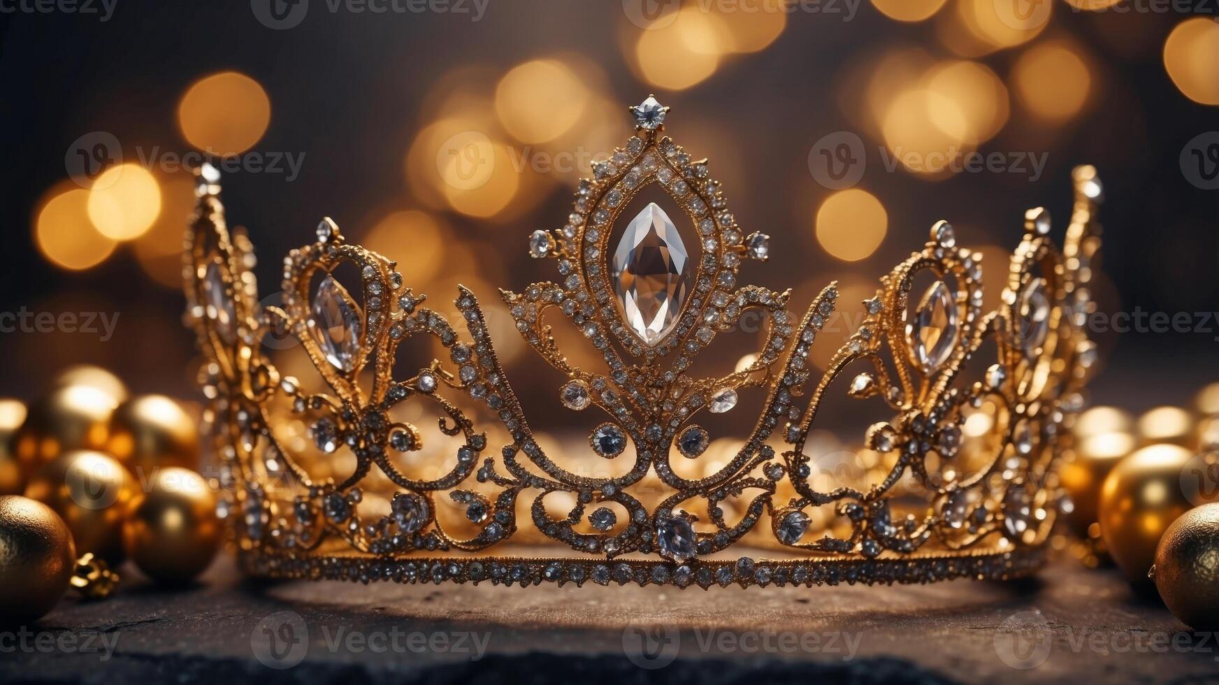 Glittering tiara surrounded by golden festive decorations and lights. photo