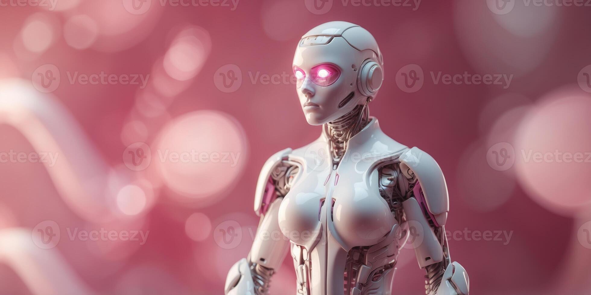 Creative pastel colorful concept of white-pink cyborg in a pink wavy background. photo
