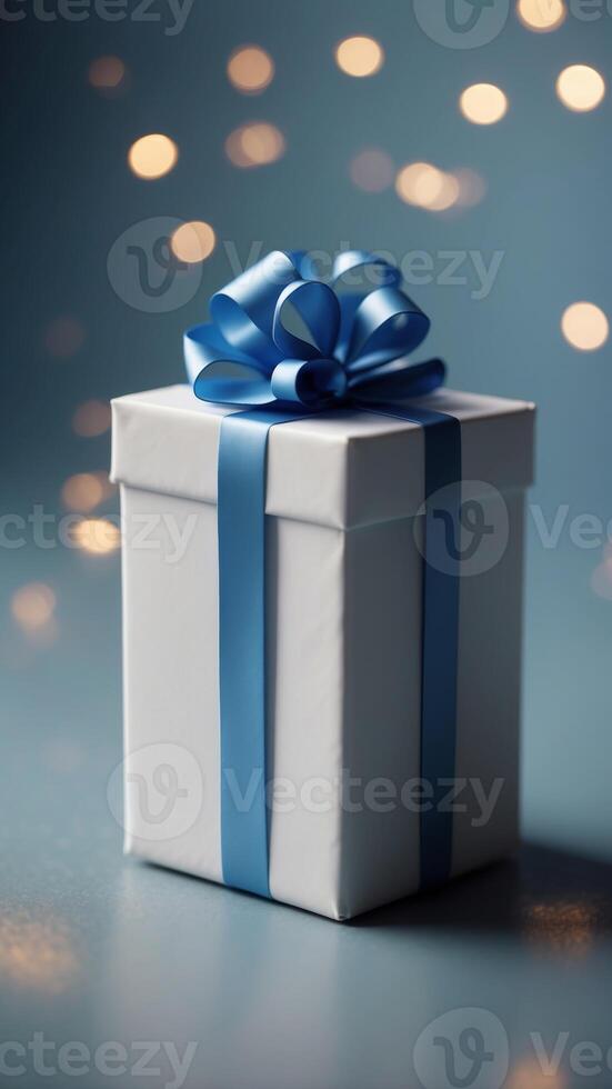 A white box with a blue bow on top of it. photo