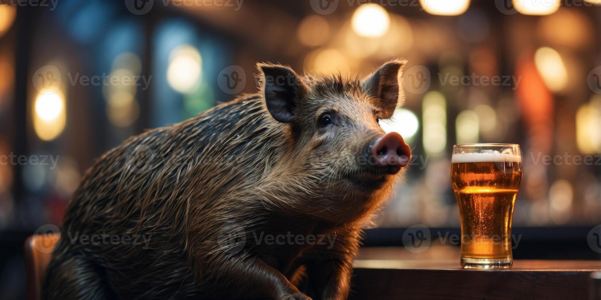 A Wild Boar Sitting at the Bar and Enjoying a Beer. photo