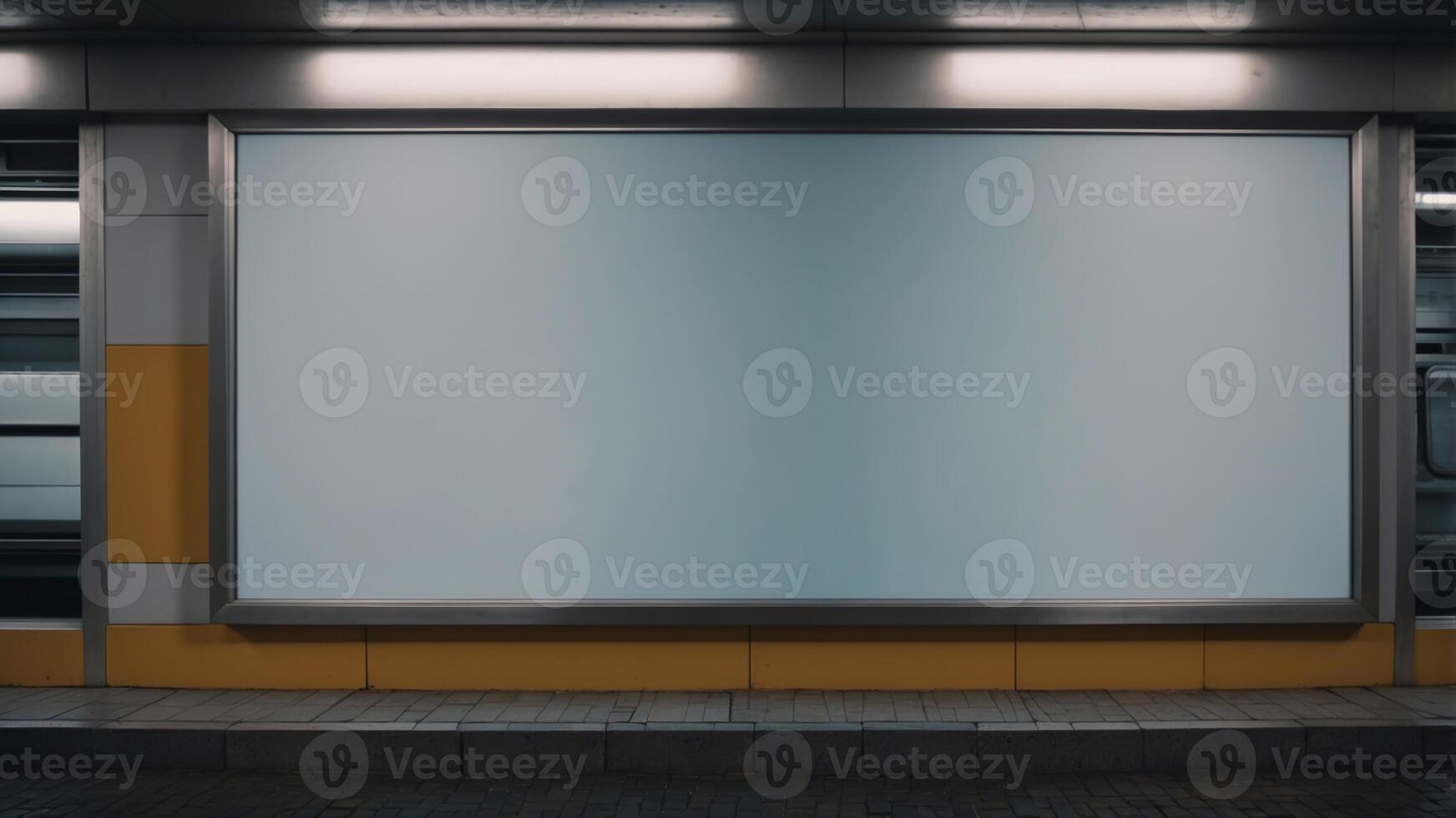 A white billboard is being on a subway platform. photo