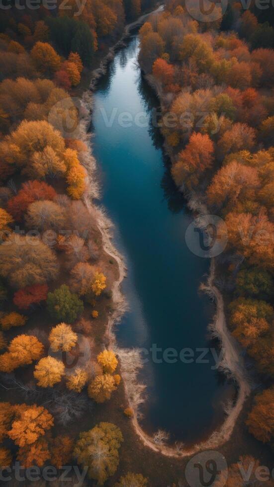 Aerial View of a River Winding Through a Forest in Autumn. photo