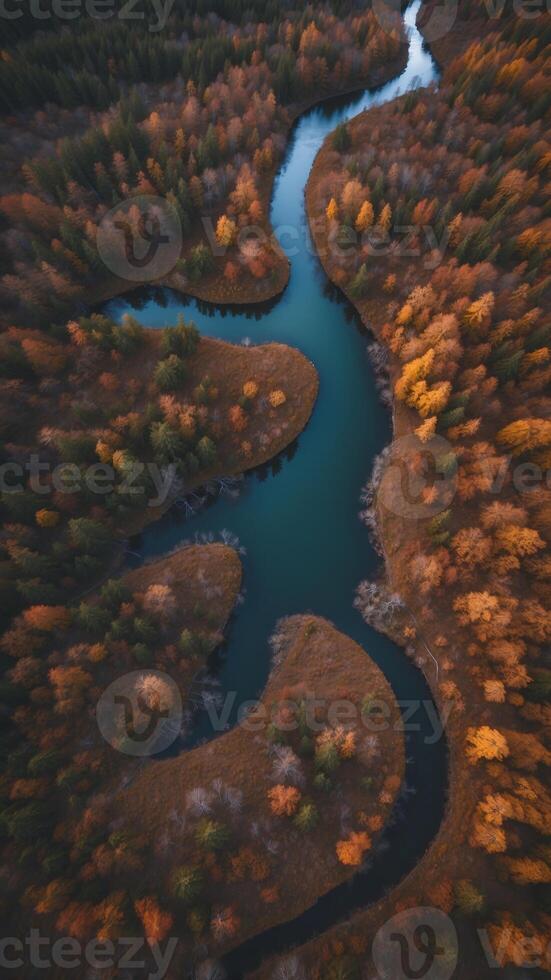 Aerial View of a River Winding Through a Forest in Autumn. photo